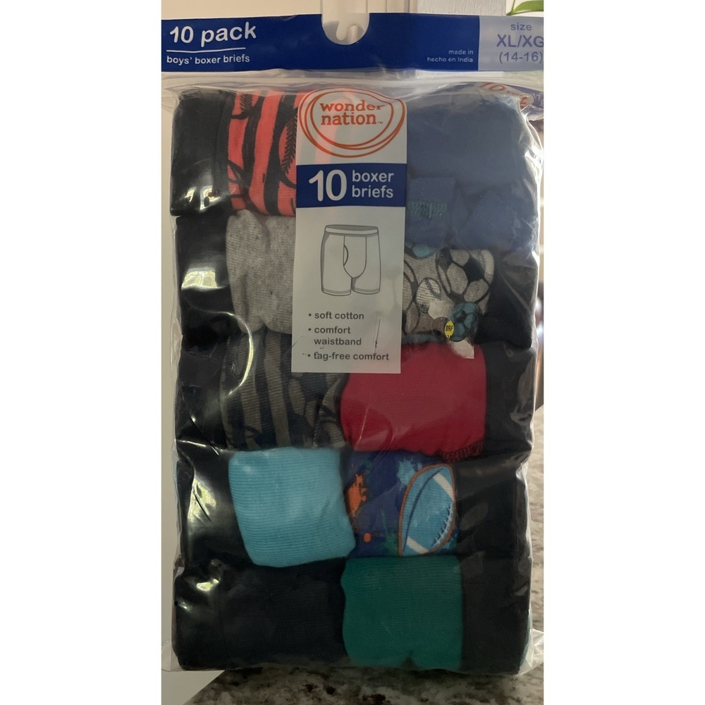 XL 14-16, 10 Pack Boxer‎ Briefs New Tag Free Cotton Comfort Waist Wonder Nation